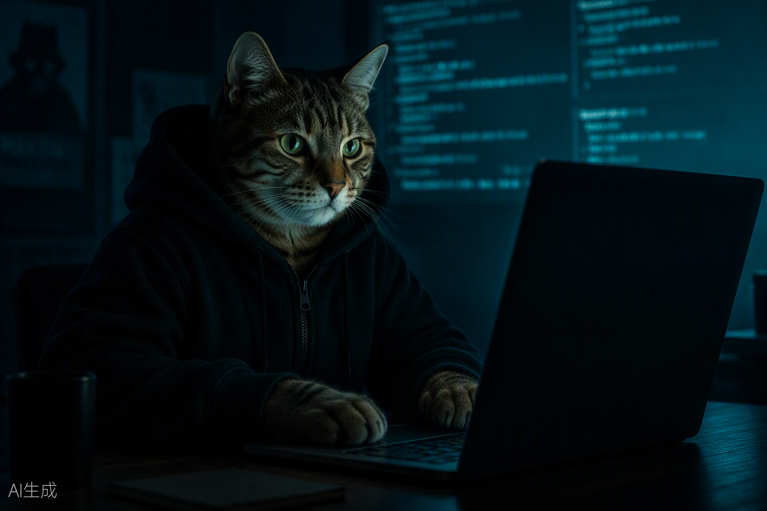 A hooded cat developer revealed at a laptop