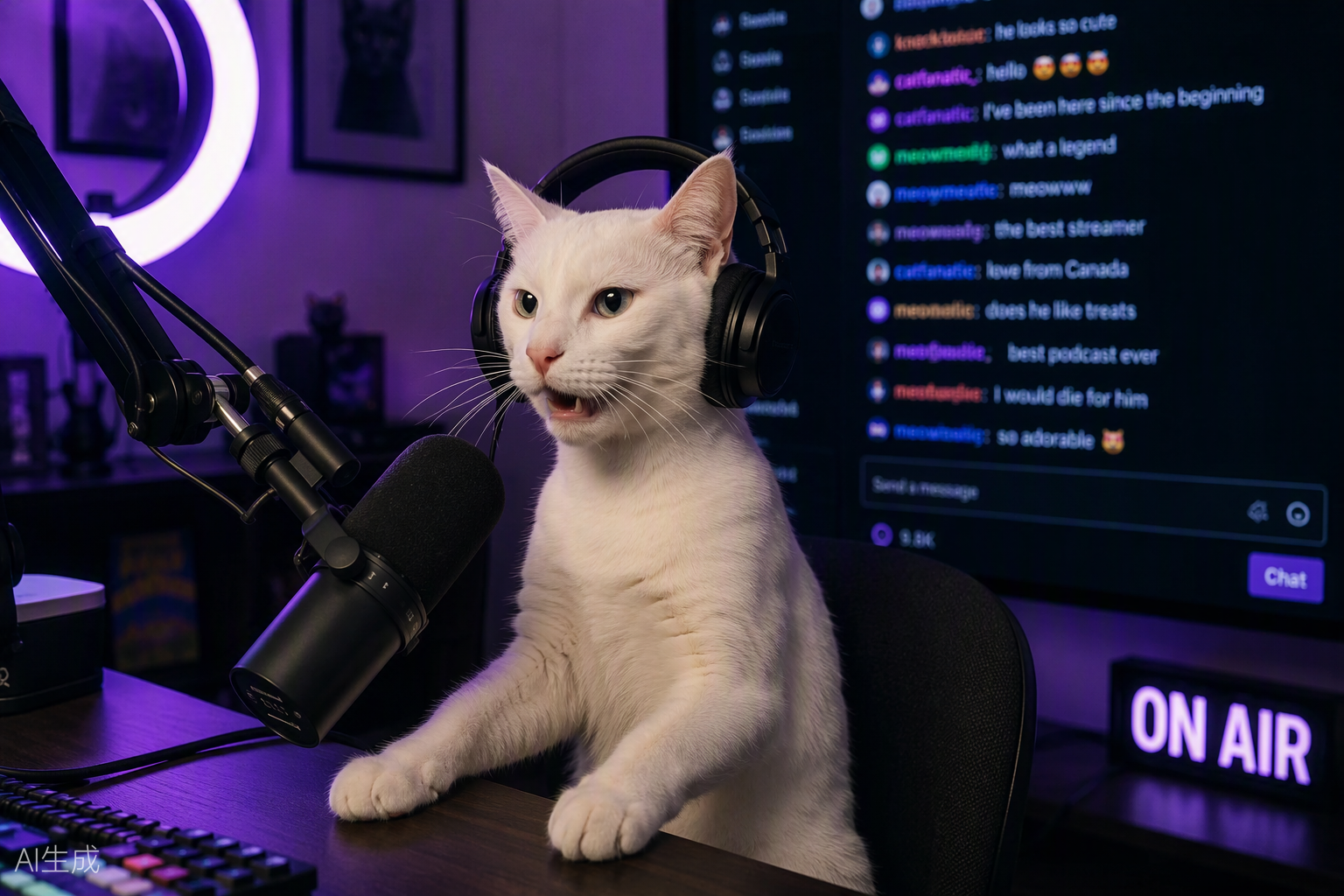 A cat with headphones speaking into a podcast microphone