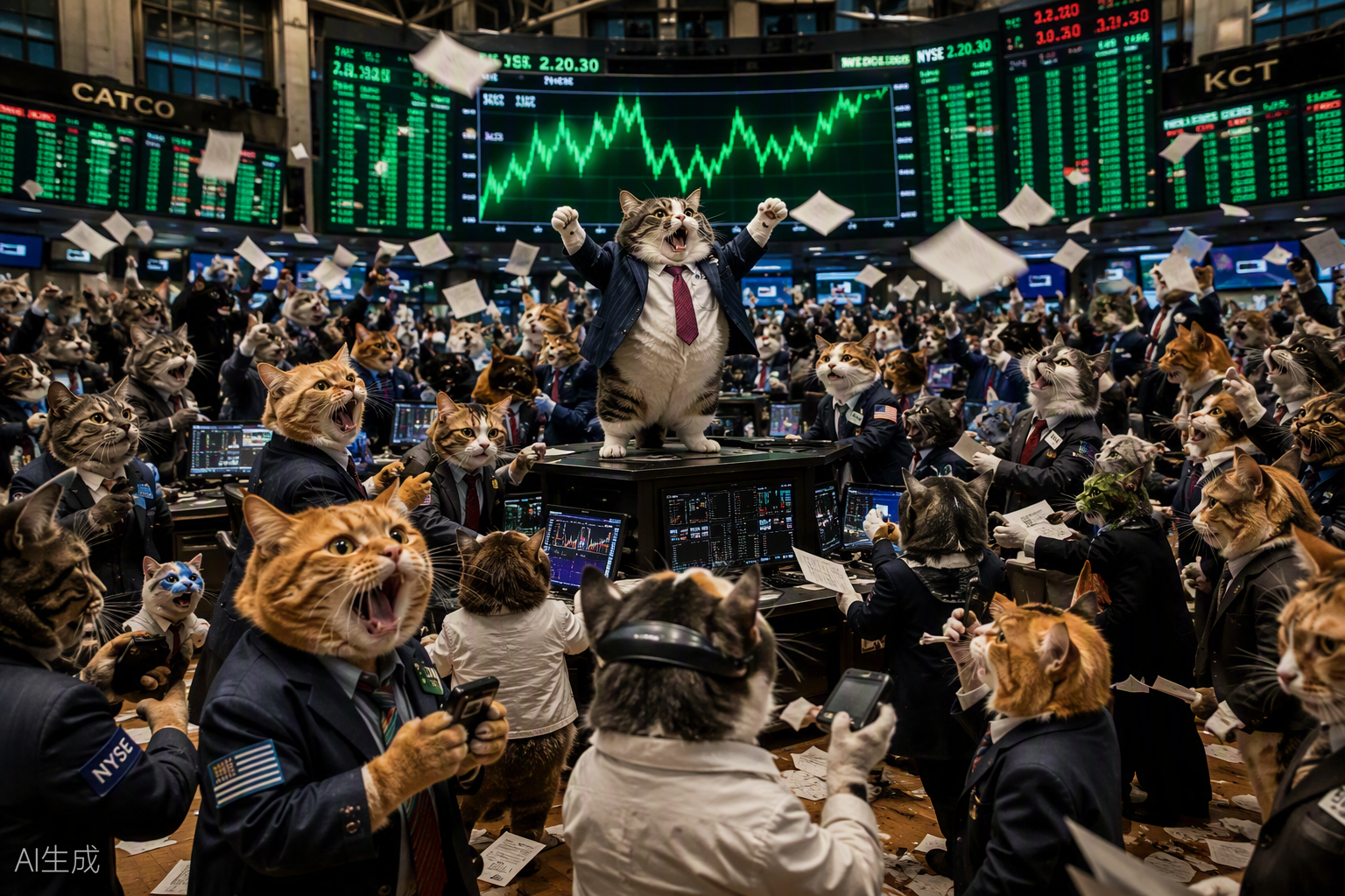 A trading floor full of cats in tiny suits