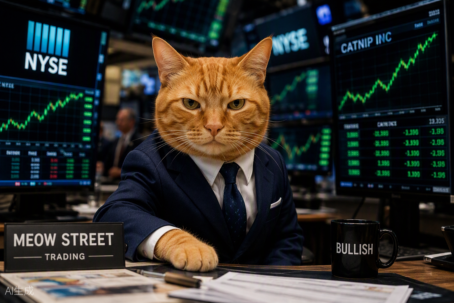 A very serious cat trader at a Wall Street desk