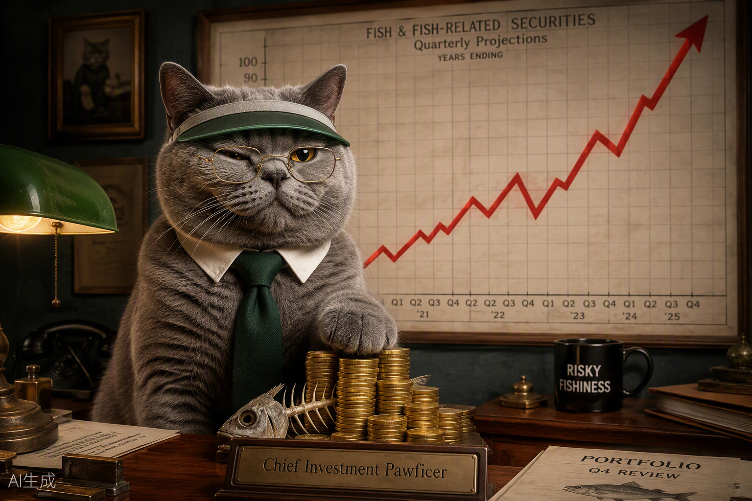 A smug cat analyst with a rising chart