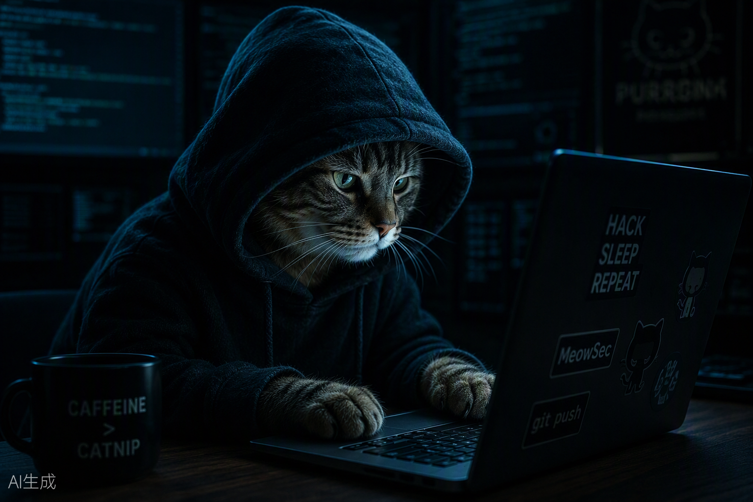 A hooded cat developer at a laptop