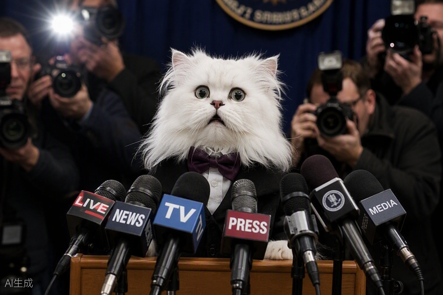 A cat professor at a press conference podium